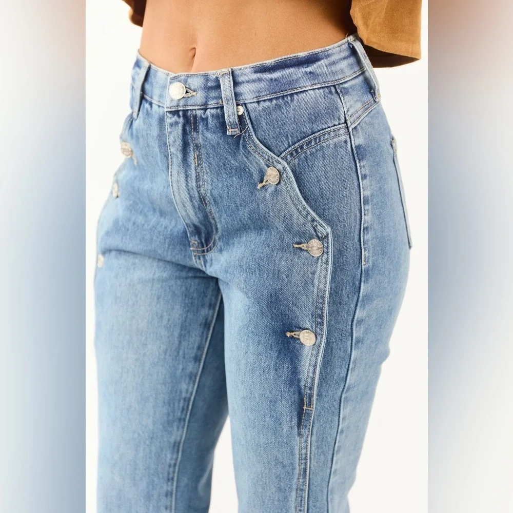 NWT Saige Denim Button Detail Side Panel Tummy Control Straight Leg Denim Jeans - Picture 11 of 11